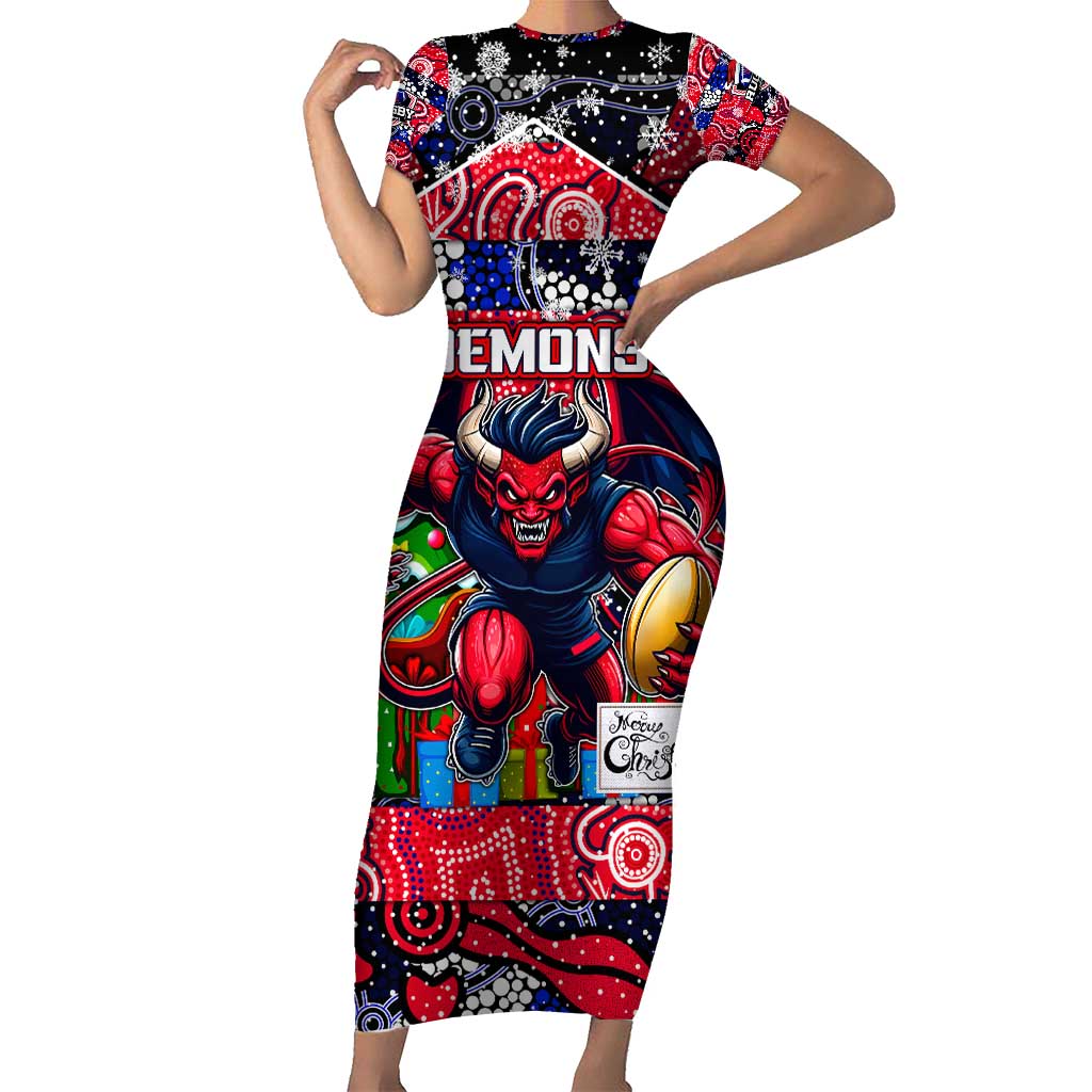 Custom Demons Rugby Merry Christmas Family Matching Short Sleeve Bodycon Dress and Hawaiian Shirt Indigenous Australian Art
