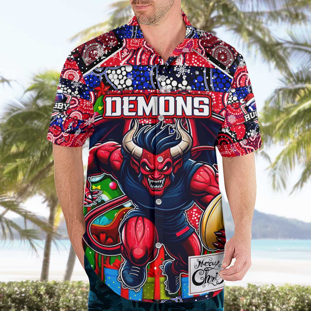 Custom Demons Rugby Merry Christmas Hawaiian Shirt Indigenous Australian Art