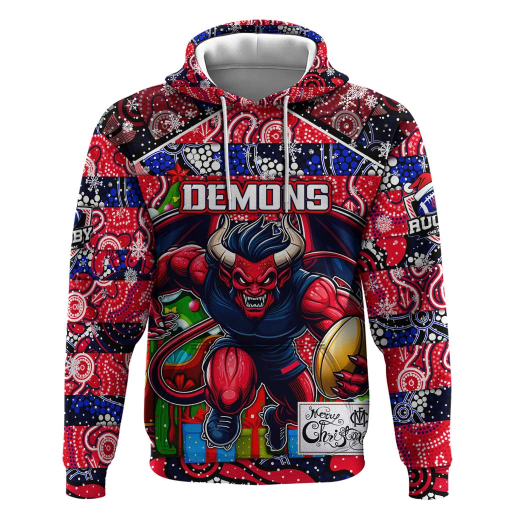 Custom Demons Rugby Merry Christmas Hoodie Indigenous Australian Art