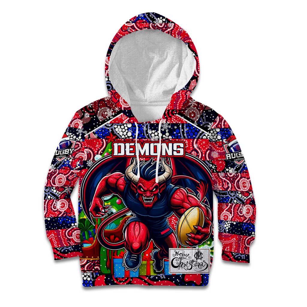 Custom Demons Rugby Merry Christmas Kid Hoodie Indigenous Australian Art