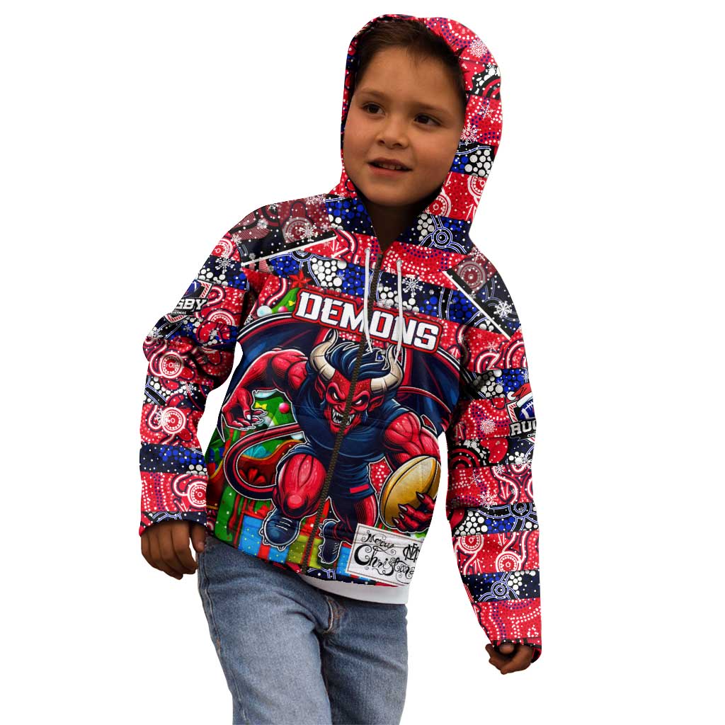 Custom Demons Rugby Merry Christmas Kid Hoodie Indigenous Australian Art