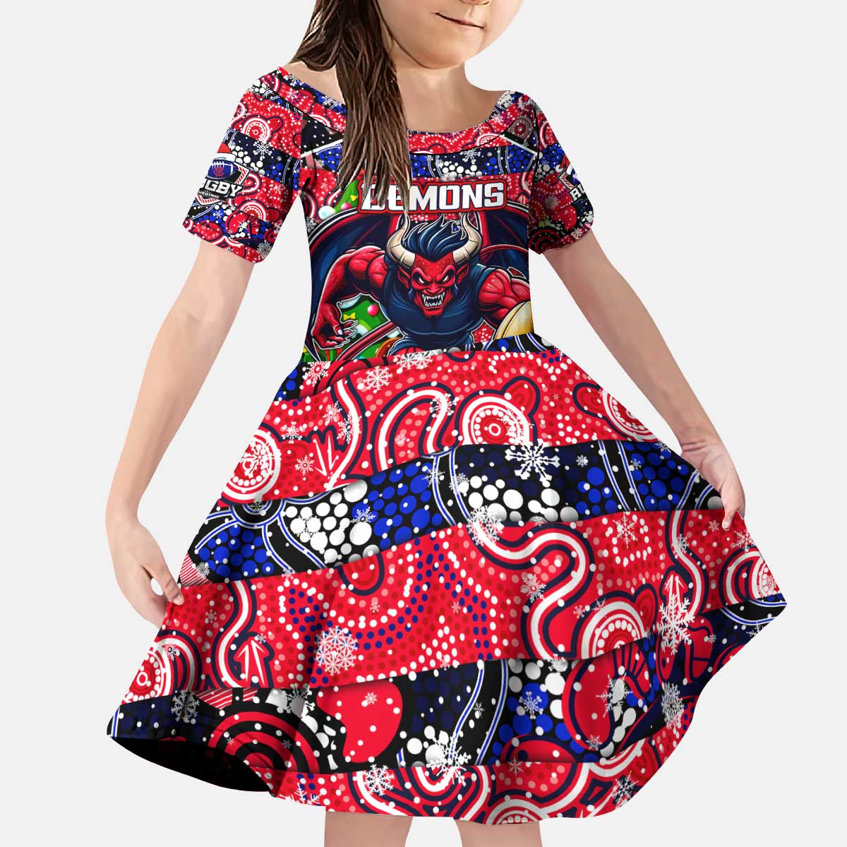 Custom Demons Rugby Merry Christmas Kid Short Sleeve Dress Indigenous Australian Art
