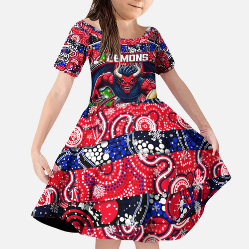 Custom Demons Rugby Merry Christmas Kid Short Sleeve Dress Indigenous Australian Art