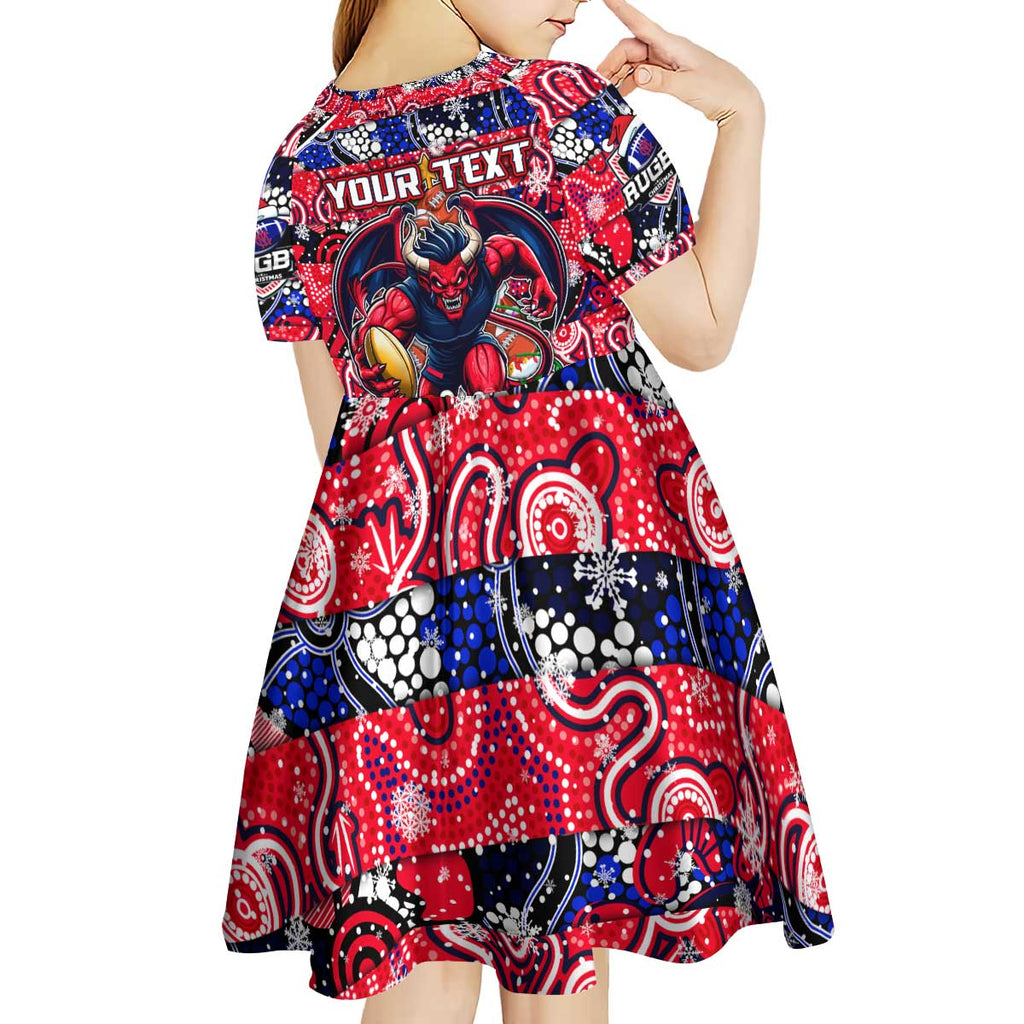 Custom Demons Rugby Merry Christmas Kid Short Sleeve Dress Indigenous Australian Art