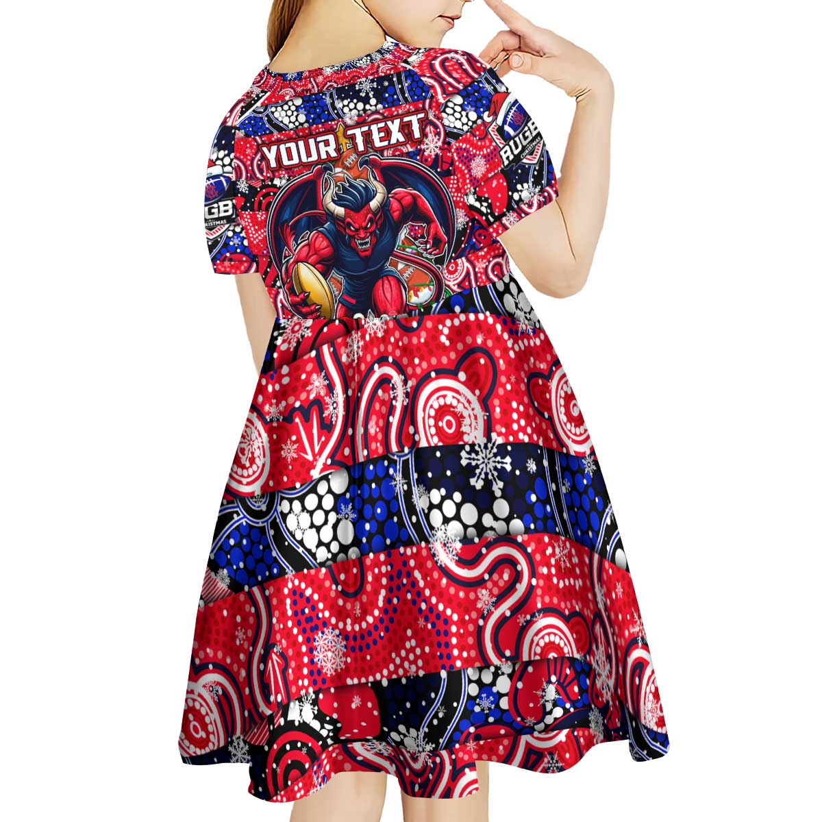 Custom Demons Rugby Merry Christmas Kid Short Sleeve Dress Indigenous Australian Art