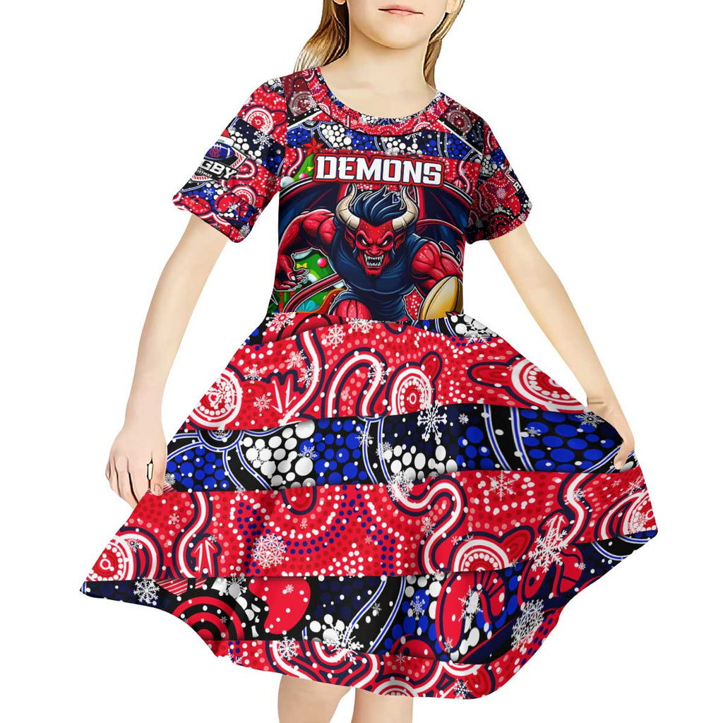 Custom Demons Rugby Merry Christmas Kid Short Sleeve Dress Indigenous Australian Art