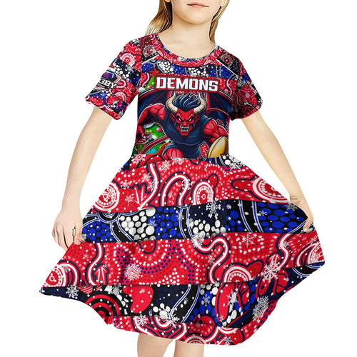 Custom Demons Rugby Merry Christmas Kid Short Sleeve Dress Indigenous Australian Art