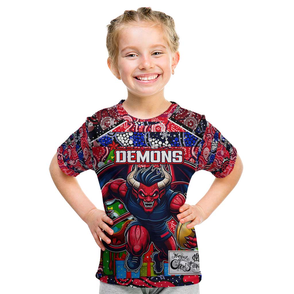 Custom Demons Rugby Merry Christmas Kid T Shirt Indigenous Australian Art