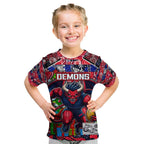 Custom Demons Rugby Merry Christmas Kid T Shirt Indigenous Australian Art
