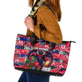 Demons Football Merry Christmas Leather Tote Bag Indigenous Australian Art
