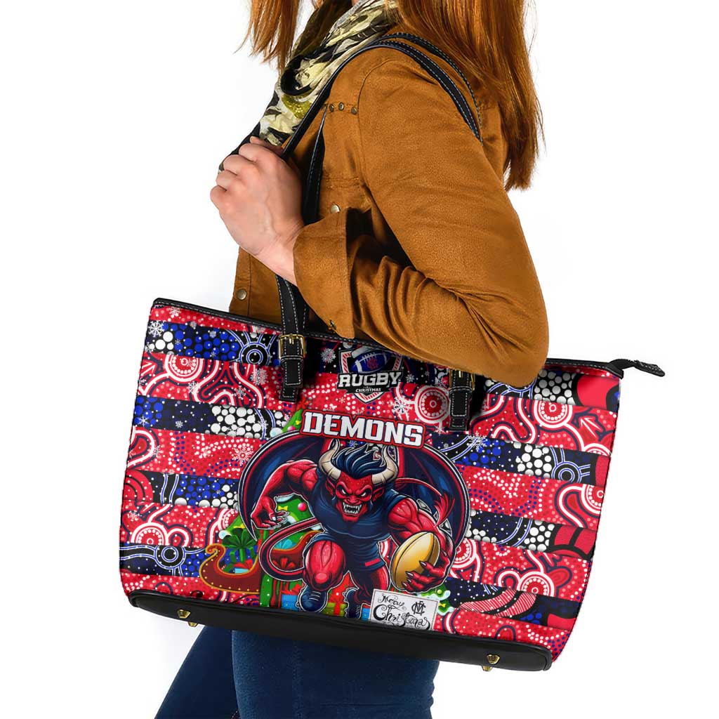 Demons Football Merry Christmas Leather Tote Bag Indigenous Australian Art