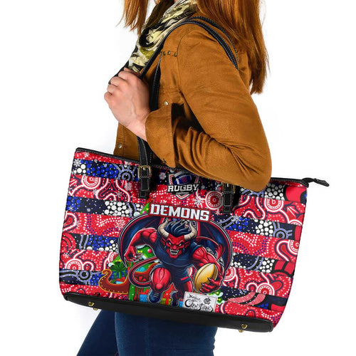Demons Football Merry Christmas Leather Tote Bag Indigenous Australian Art