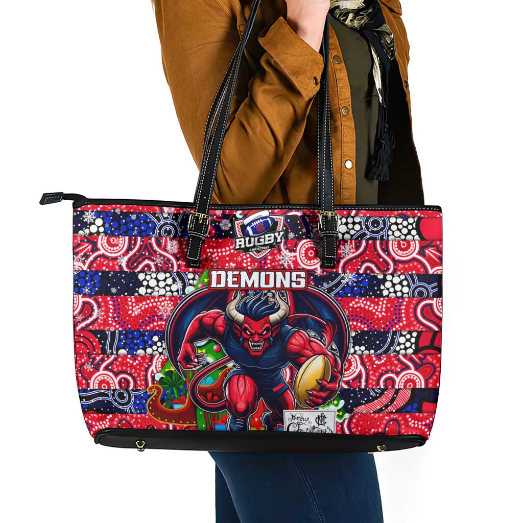 Demons Football Merry Christmas Leather Tote Bag Indigenous Australian Art