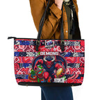 Demons Football Merry Christmas Leather Tote Bag Indigenous Australian Art