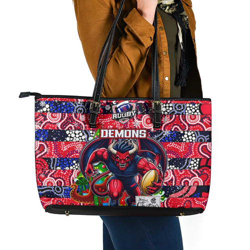 Demons Football Merry Christmas Leather Tote Bag Indigenous Australian Art