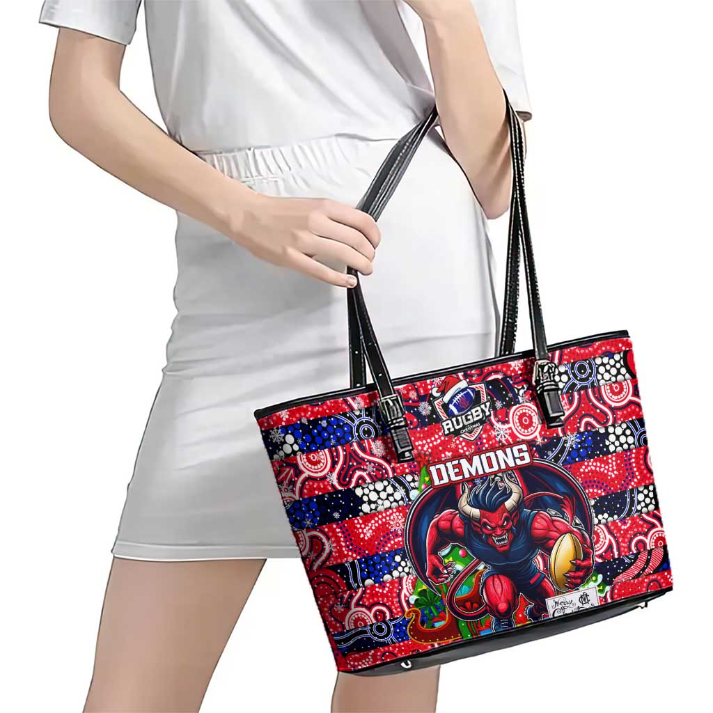 Demons Football Merry Christmas Leather Tote Bag Indigenous Australian Art