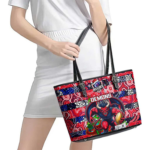 Demons Football Merry Christmas Leather Tote Bag Indigenous Australian Art