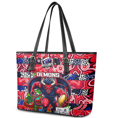 Demons Football Merry Christmas Leather Tote Bag Indigenous Australian Art