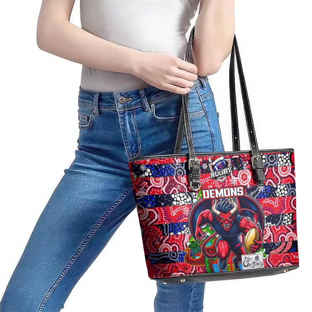 Demons Football Merry Christmas Leather Tote Bag Indigenous Australian Art