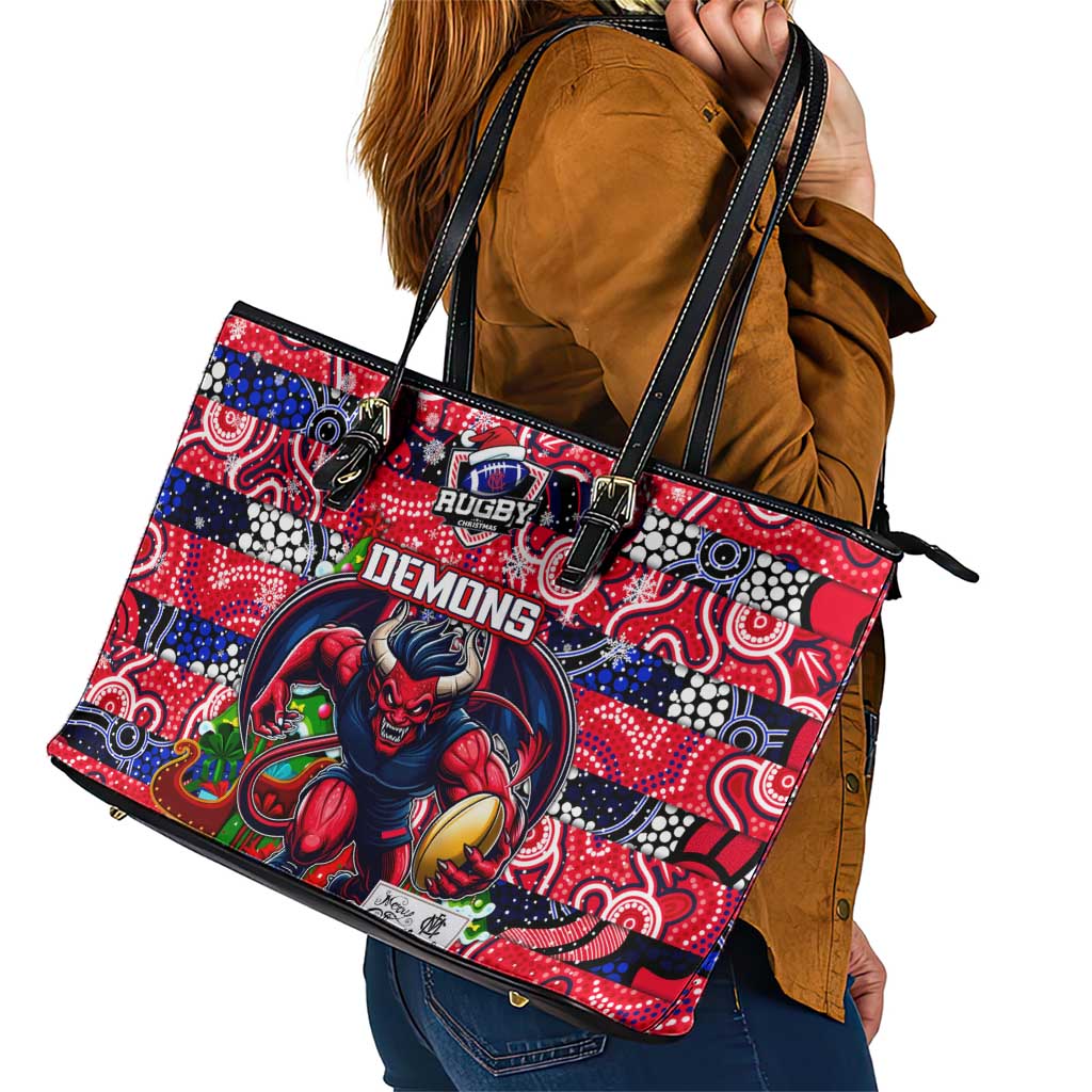 Demons Football Merry Christmas Leather Tote Bag Indigenous Australian Art