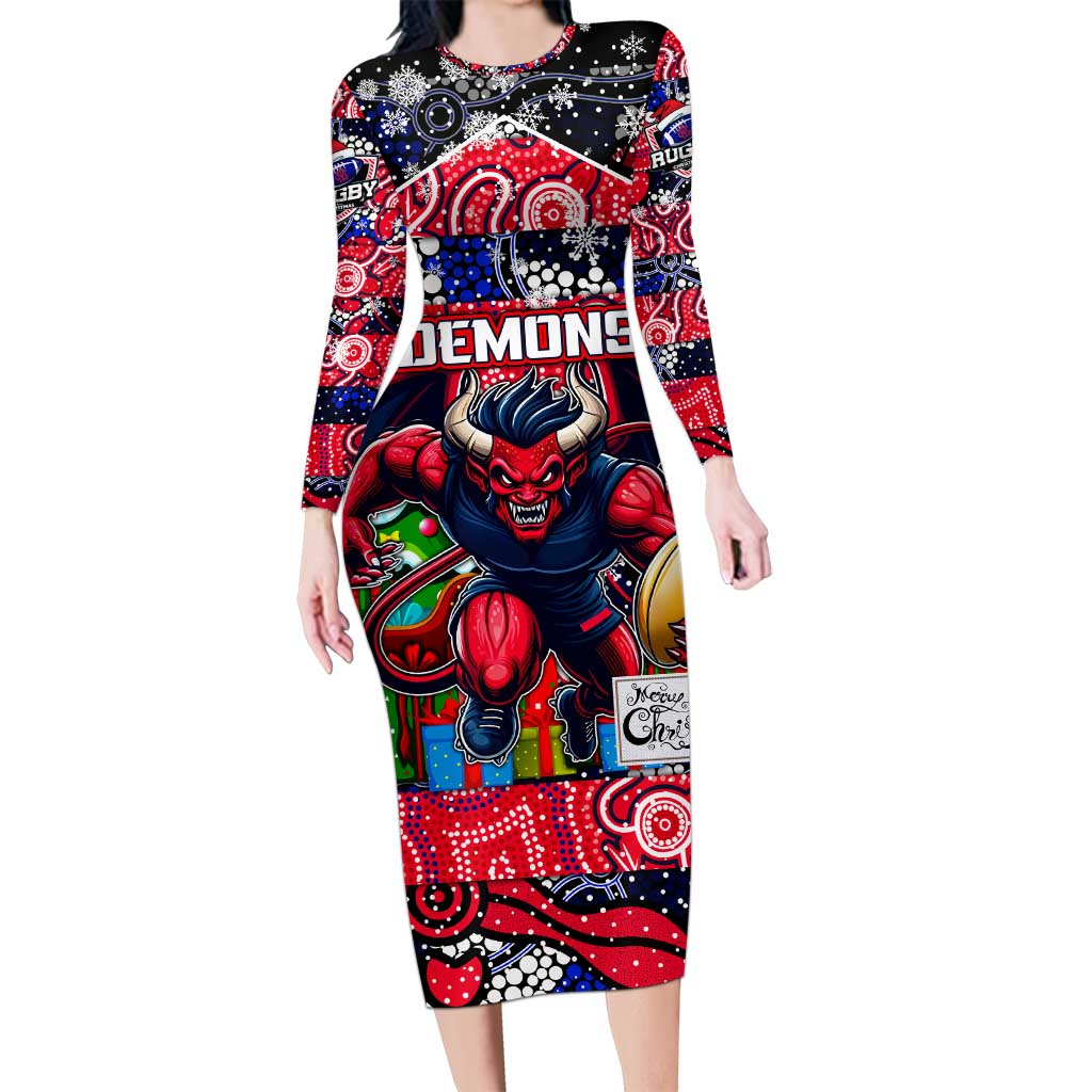 Custom Demons Rugby Merry Christmas Long Sleeve Bodycon Dress Indigenous Australian Art