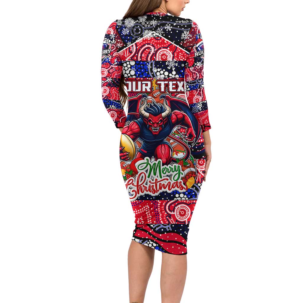 Custom Demons Rugby Merry Christmas Long Sleeve Bodycon Dress Indigenous Australian Art