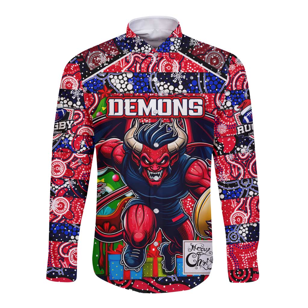 Custom Demons Rugby Merry Christmas Long Sleeve Button Shirt Indigenous Australian Art
