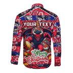 Custom Demons Rugby Merry Christmas Long Sleeve Button Shirt Indigenous Australian Art