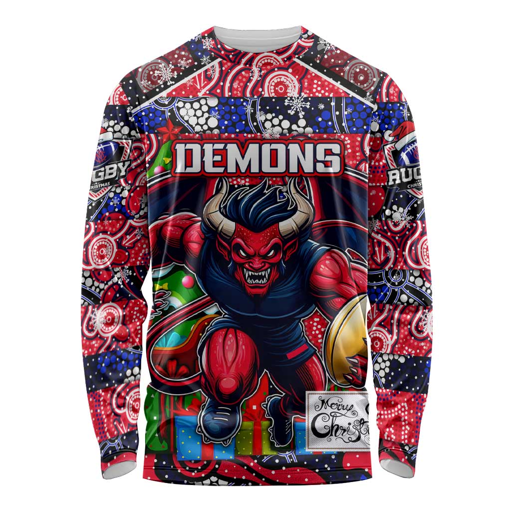 Custom Demons Rugby Merry Christmas Long Sleeve Shirt Indigenous Australian Art