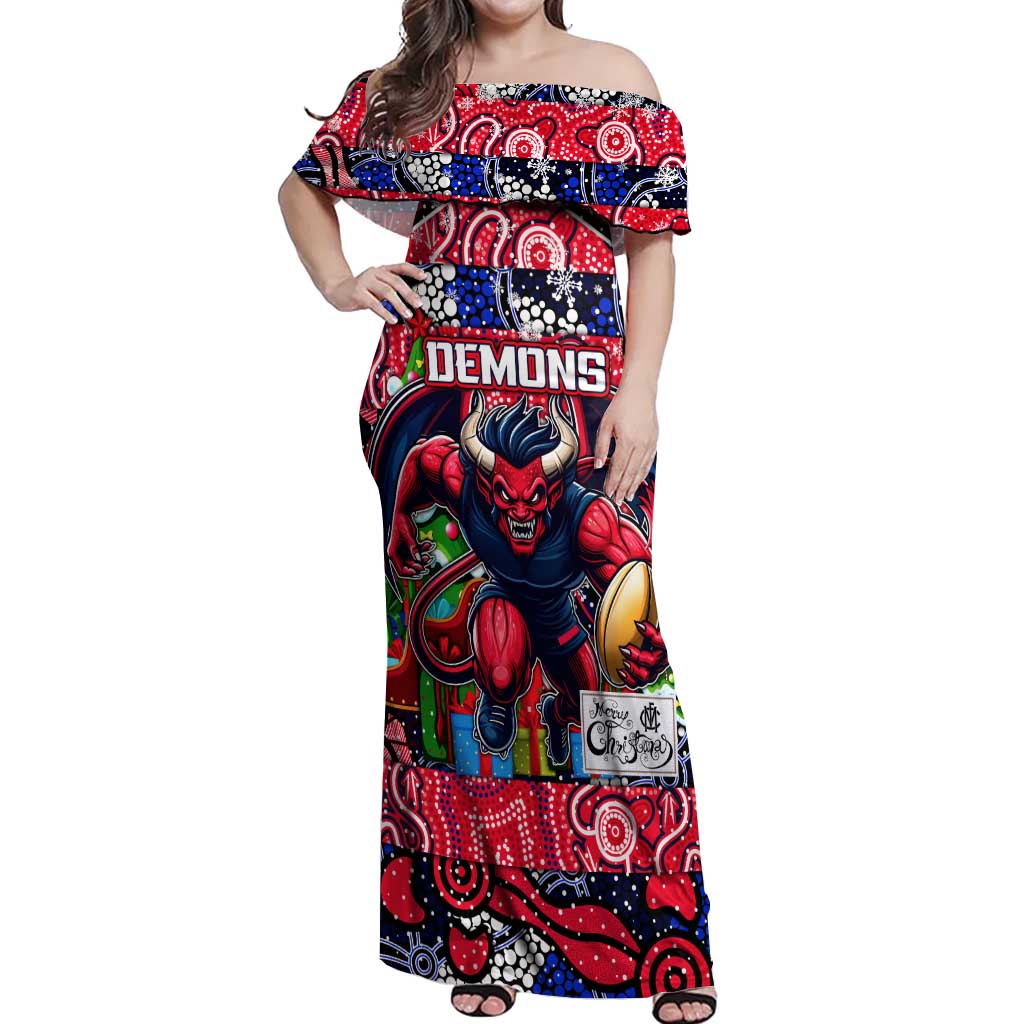 Custom Demons Rugby Merry Christmas Off Shoulder Maxi Dress Indigenous Australian Art