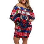 Custom Demons Rugby Merry Christmas Off Shoulder Short Dress Indigenous Australian Art