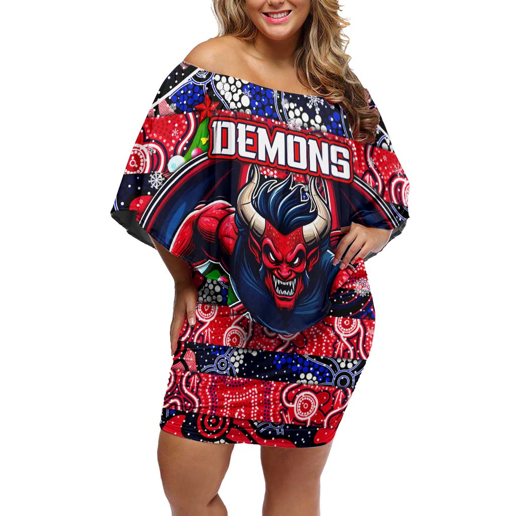 Custom Demons Rugby Merry Christmas Off Shoulder Short Dress Indigenous Australian Art
