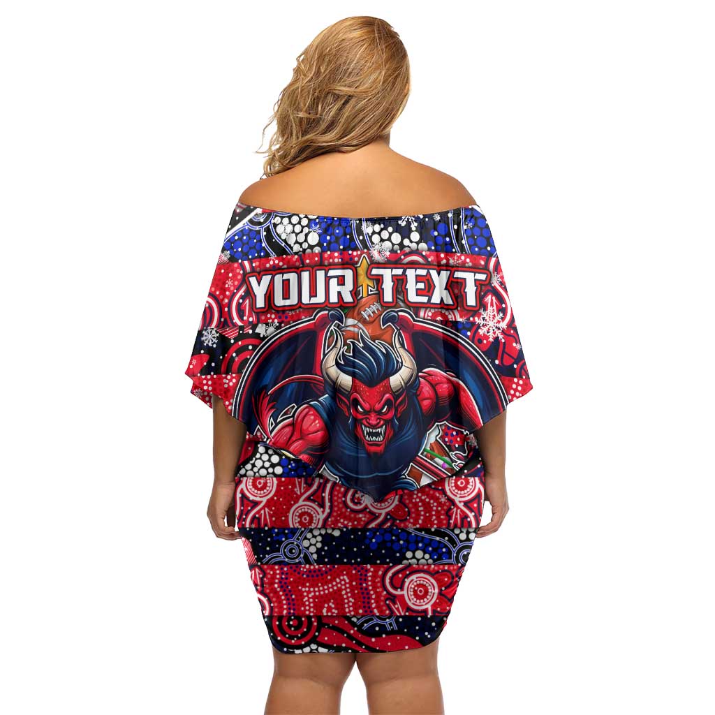 Custom Demons Rugby Merry Christmas Off Shoulder Short Dress Indigenous Australian Art