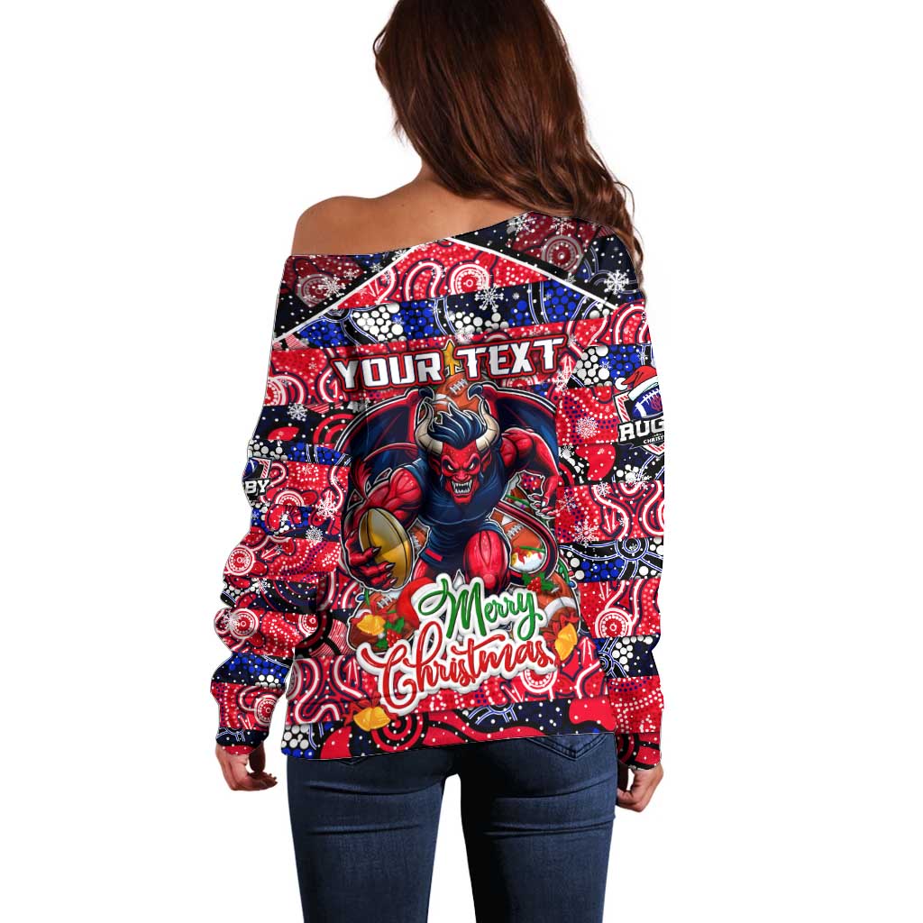Custom Demons Rugby Merry Christmas Off Shoulder Sweater Indigenous Australian Art