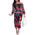 Custom Demons Rugby Merry Christmas Off The Shoulder Long Sleeve Dress Indigenous Australian Art