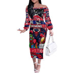 Custom Demons Rugby Merry Christmas Off The Shoulder Long Sleeve Dress Indigenous Australian Art