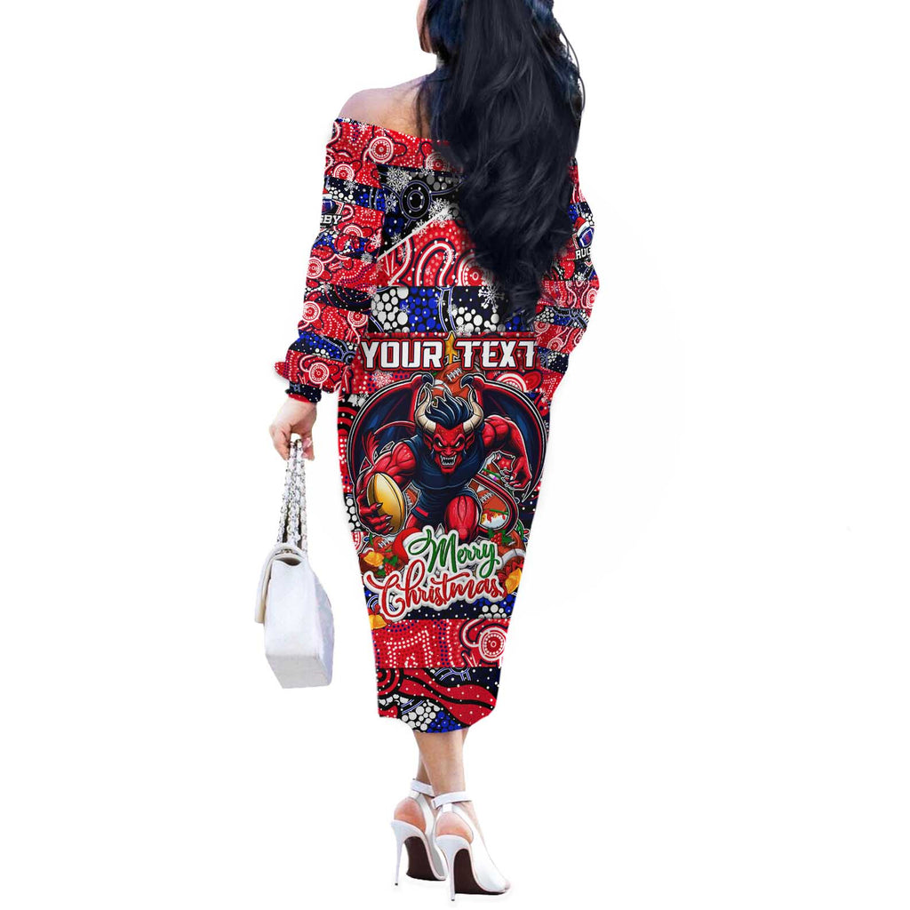 Custom Demons Rugby Merry Christmas Off The Shoulder Long Sleeve Dress Indigenous Australian Art