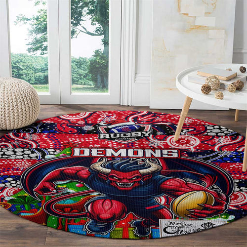 Demons Football Merry Christmas Round Carpet Indigenous Australian Art