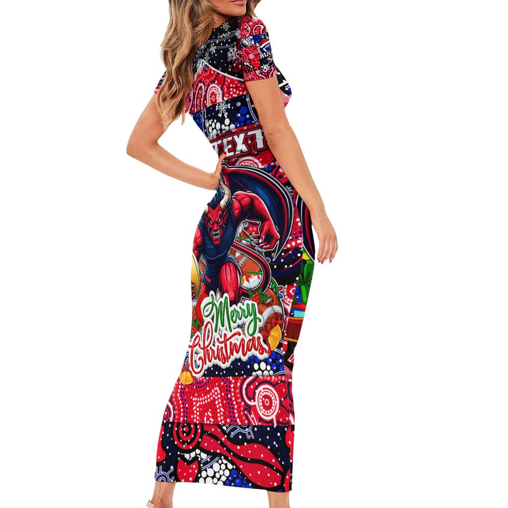 Custom Demons Rugby Merry Christmas Short Sleeve Bodycon Dress Indigenous Australian Art