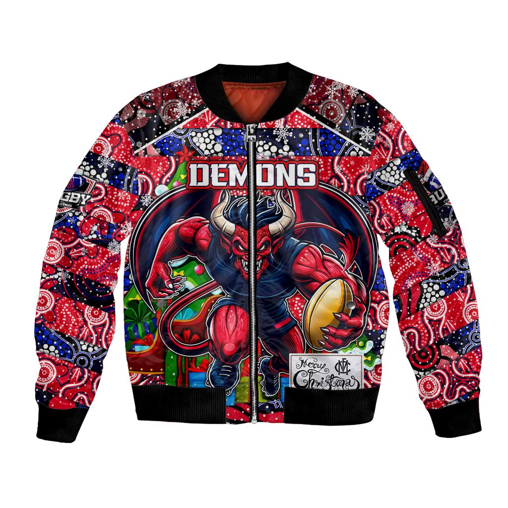 Custom Demons Rugby Merry Christmas Sleeve Zip Bomber Jacket Indigenous Australian Art