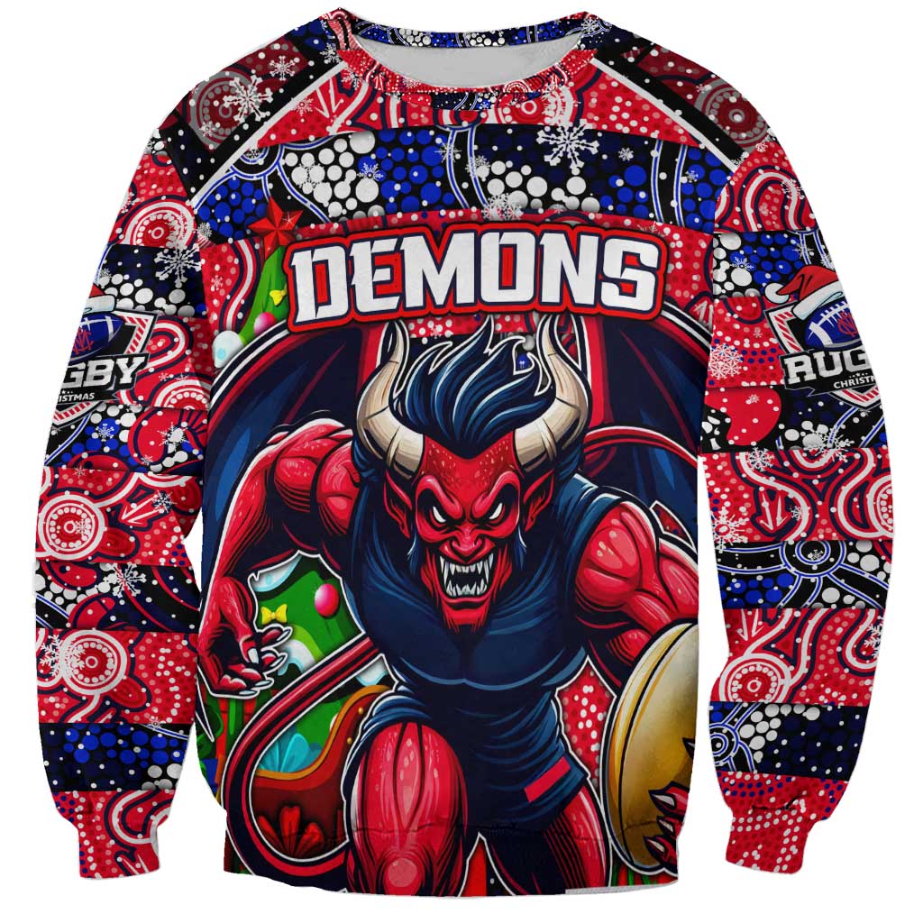 Custom Demons Rugby Merry Christmas Sweatshirt Indigenous Australian Art