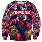 Custom Demons Rugby Merry Christmas Sweatshirt Indigenous Australian Art