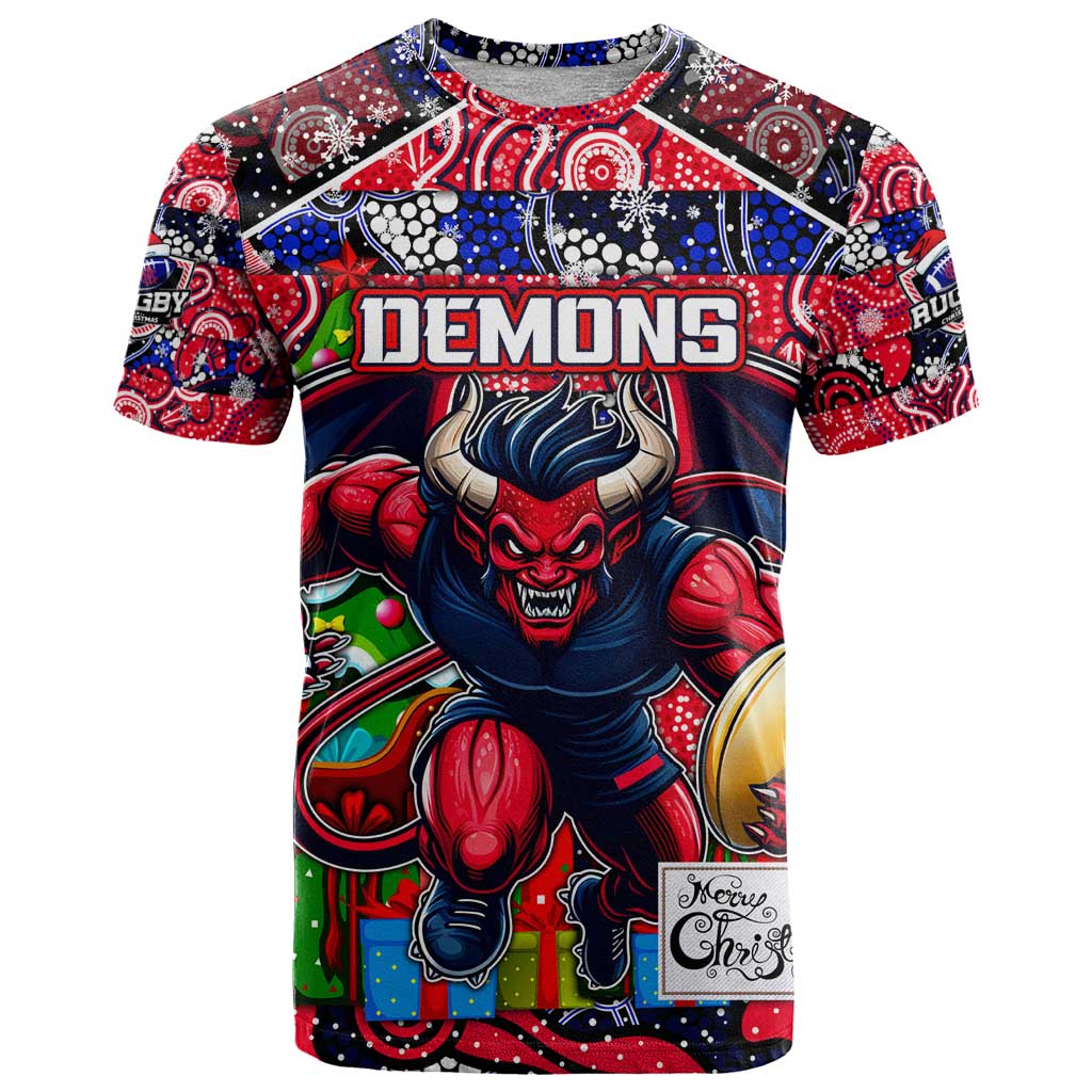 Custom Demons Rugby Merry Christmas T Shirt Indigenous Australian Art
