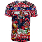Custom Demons Rugby Merry Christmas T Shirt Indigenous Australian Art