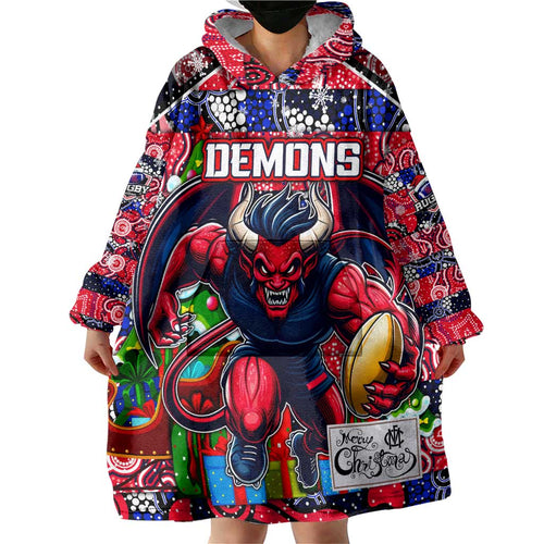 Custom Demons Rugby Merry Christmas Wearable Blanket Hoodie Indigenous Australian Art
