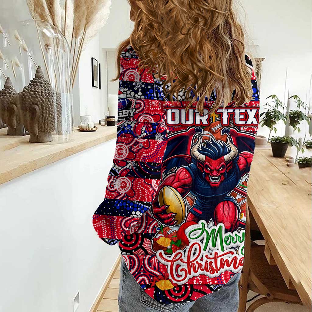 Custom Demons Rugby Merry Christmas Women Casual Shirt Indigenous Australian Art