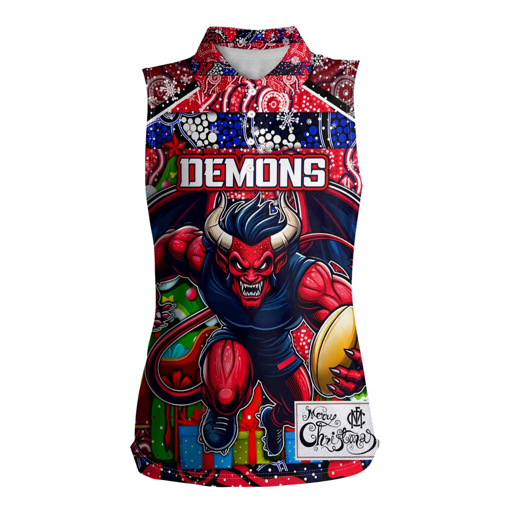 Custom Demons Rugby Merry Christmas Women Sleeveless Polo Shirt Indigenous Australian Art
