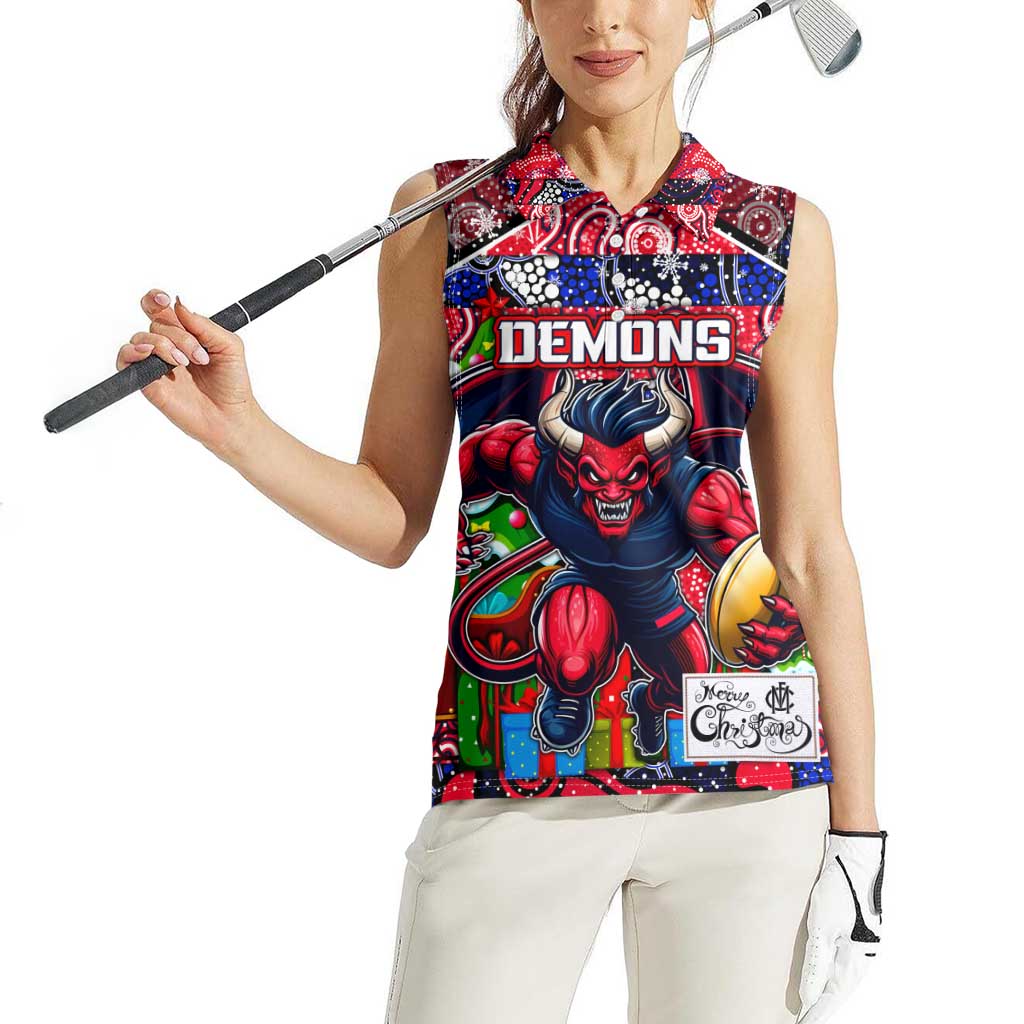 Custom Demons Rugby Merry Christmas Women Sleeveless Polo Shirt Indigenous Australian Art