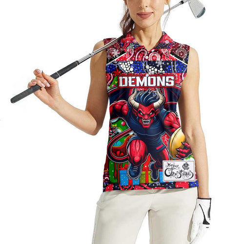 Custom Demons Rugby Merry Christmas Women Sleeveless Polo Shirt Indigenous Australian Art