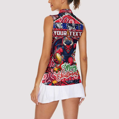 Custom Demons Rugby Merry Christmas Women Sleeveless Polo Shirt Indigenous Australian Art